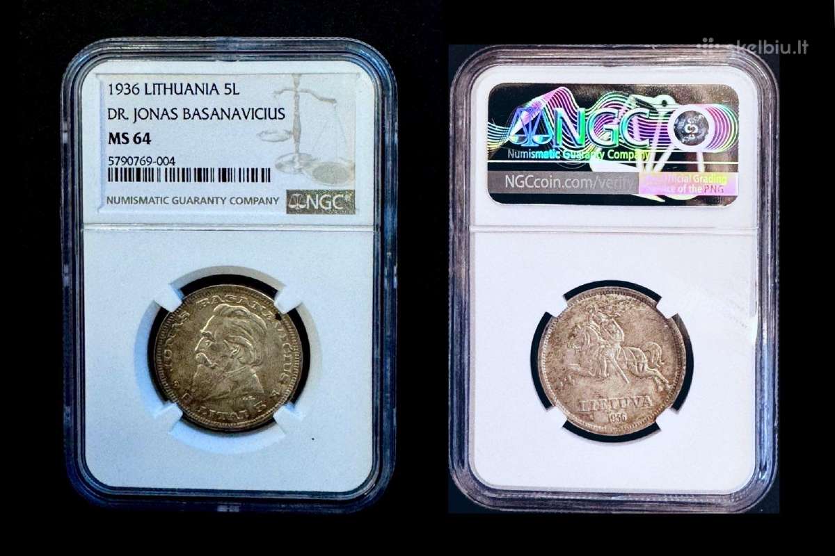 Lietuva 5 litai 1936 Basanavičius Ngc Ms64