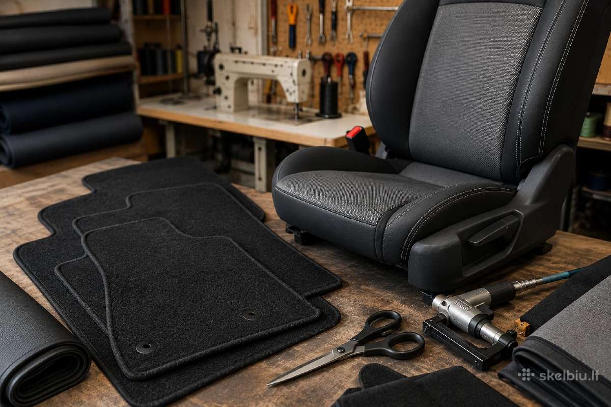 Darbuotojas automobilių kilimėlių gamybai