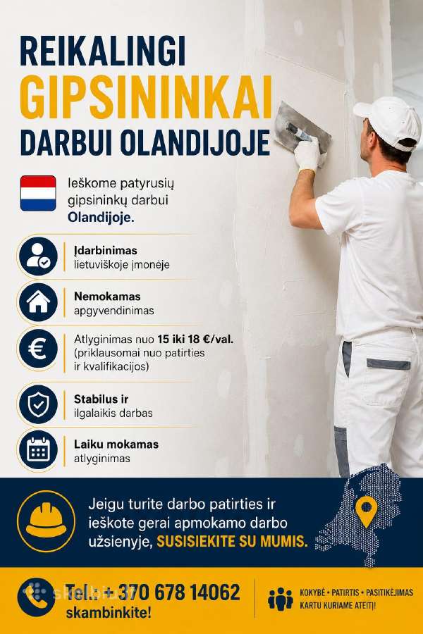 Reikalingi gipsininkai darbui Olandijoje