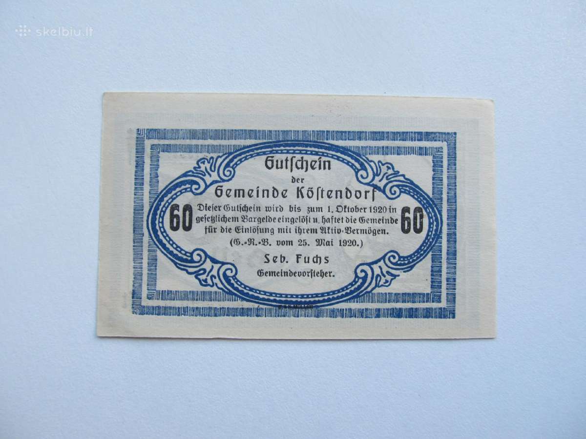 Notgeldas 60 heleriu , Kostendorf Austrija , 1920 - nuotraukos Nr. 2