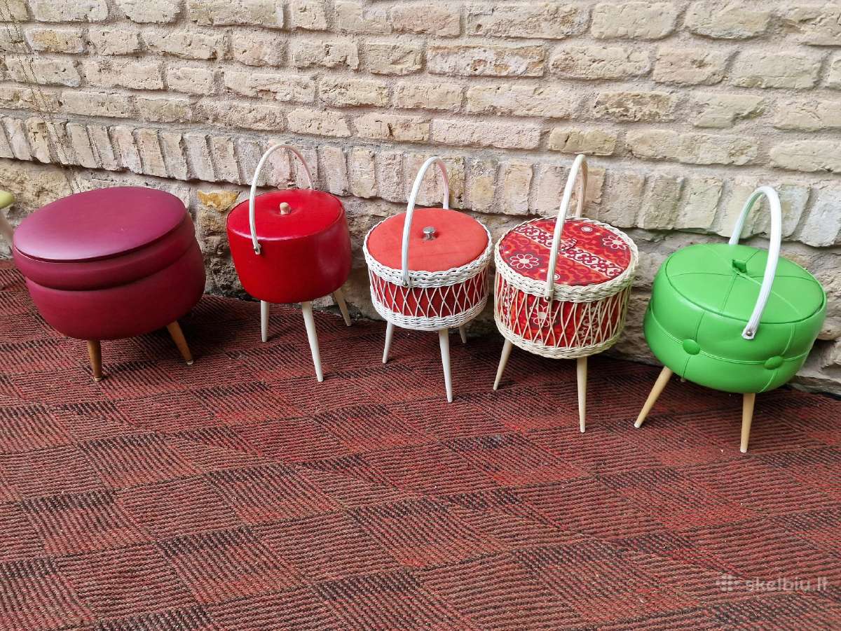 Vintažinės mid century rankdarbių dėžutės,pufas - nuotraukos Nr. 5