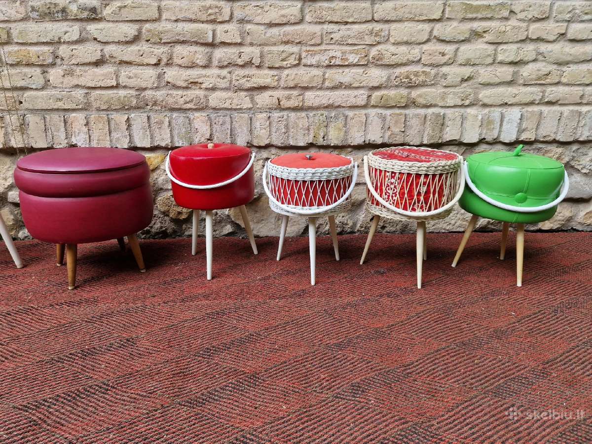 Vintažinės mid century rankdarbių dėžutės,pufas - nuotraukos Nr. 13