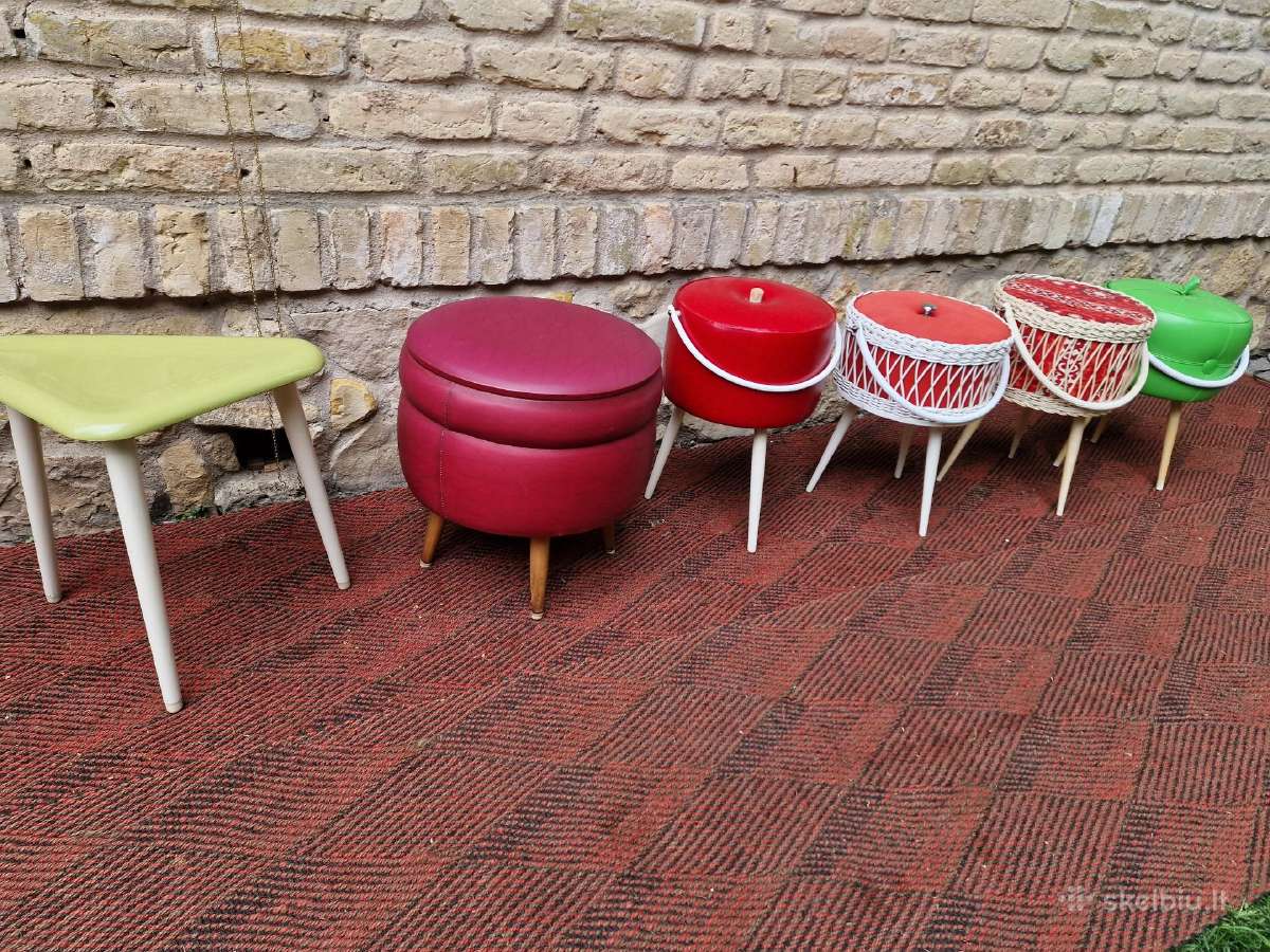 Vintažinės mid century rankdarbių dėžutės,pufas - nuotraukos Nr. 18
