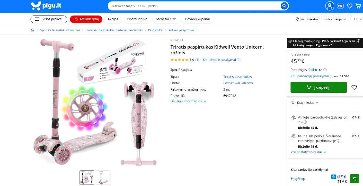 Paspirtukas Kidwell Vento Unicorn, rožinis - nuotraukos Nr. 3
