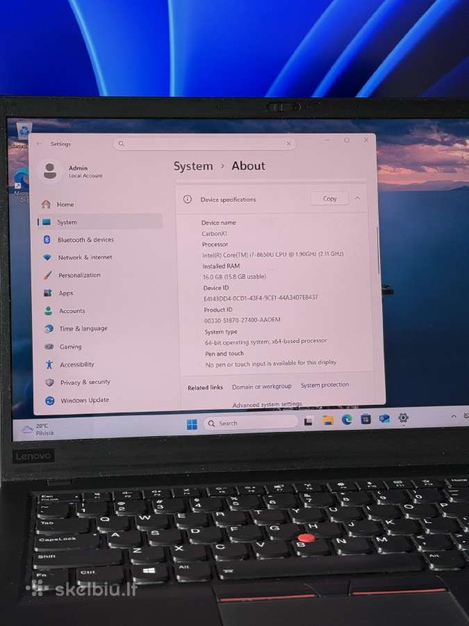 Lenovo Thinkpad X1 Carbon (6 Gen) i7 /16gb/1tb - nuotraukos Nr. 14