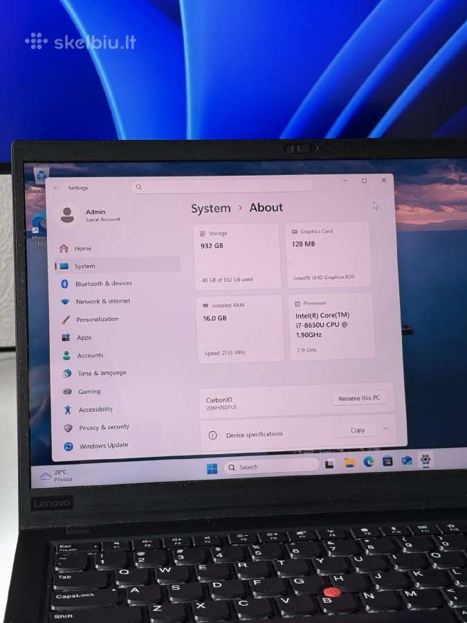 Lenovo Thinkpad X1 Carbon (6 Gen) i7 /16gb/1tb - nuotraukos Nr. 15