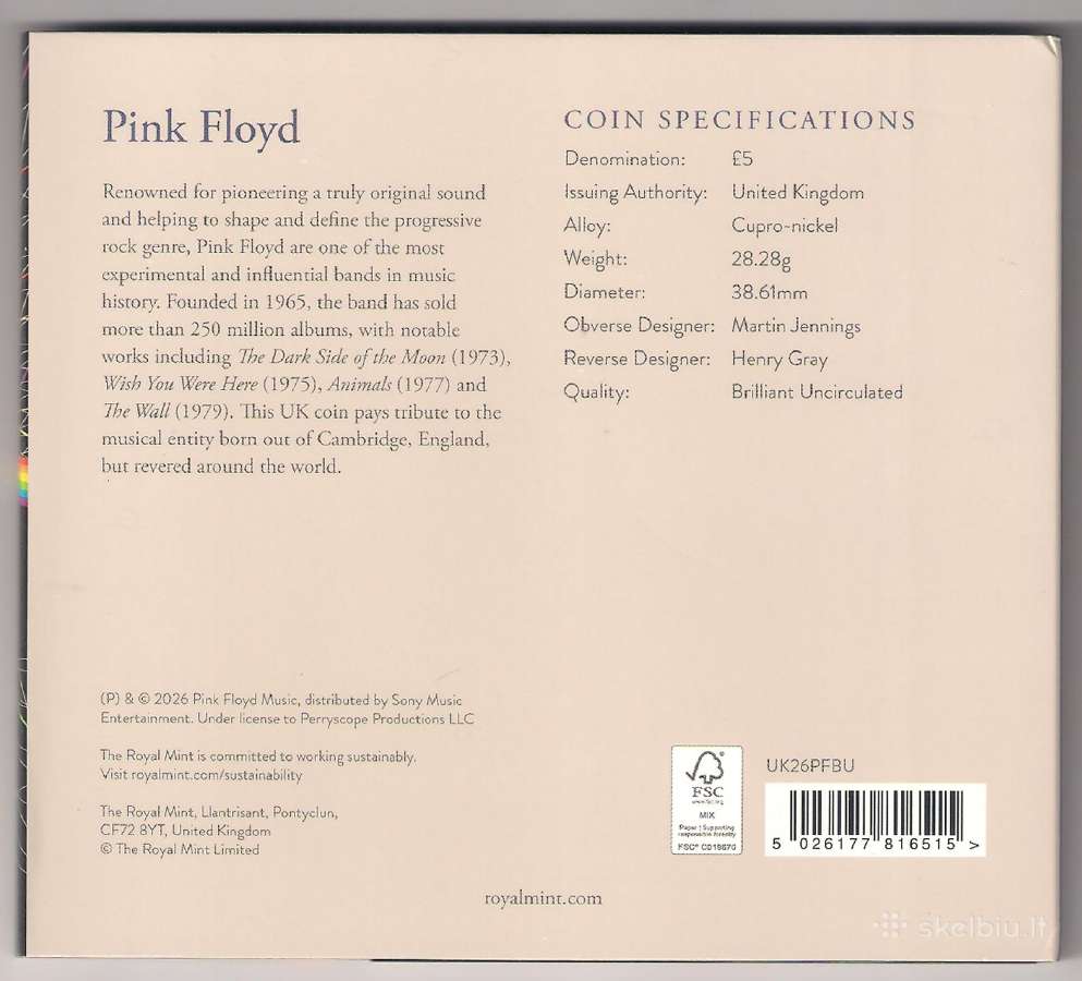 Muzikos legendos „Pink Floyd“ Jk 5£ Bu moneta. - nuotraukos Nr. 2
