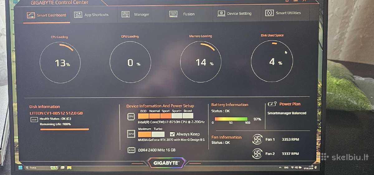 Gigabyte Aero 15-x9 ! Rtx 2070 8gb Vram ! - nuotraukos Nr. 6