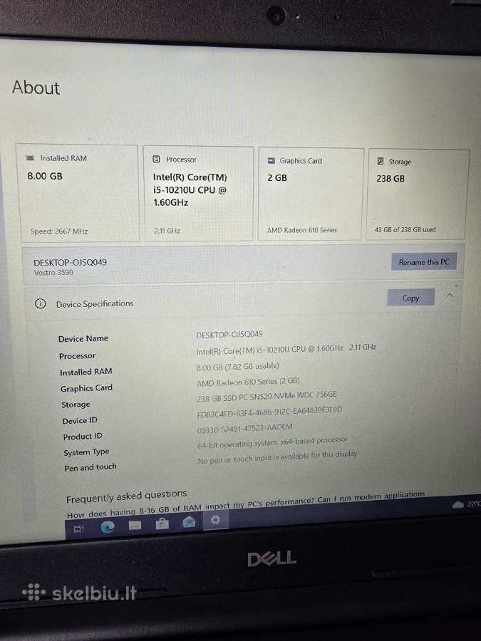 Dell Vostro 3590 i5 256gb SSD 8gb RAM Nauja Bat - nuotraukos Nr. 3