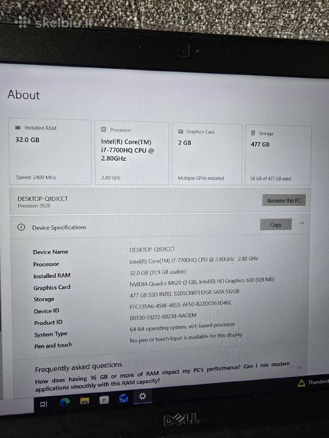 Dell Precision 3520 i7 2,8ghz 32gb RAM 512gb SSD - nuotraukos Nr. 2