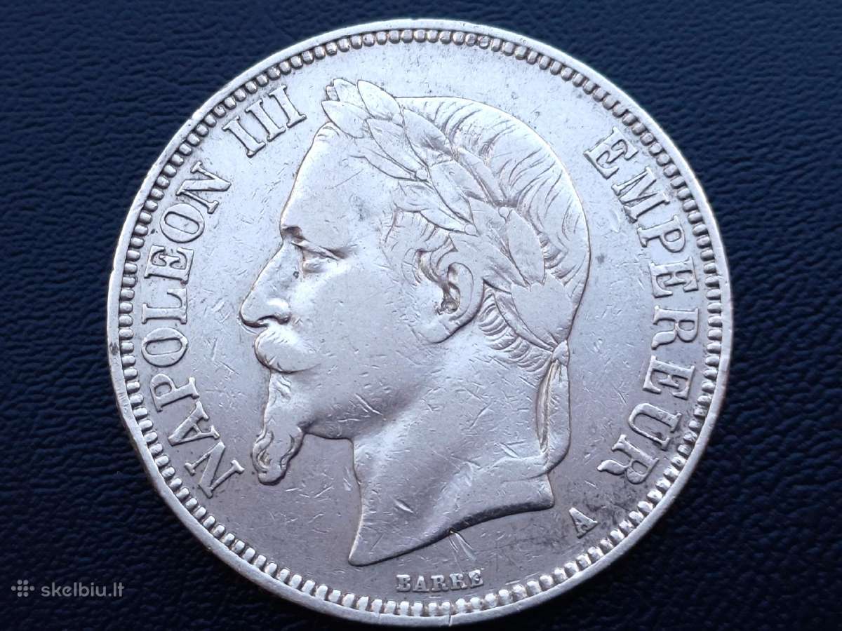 5 frankai 1869m. Prancūzija sidabras - nuotraukos Nr. 2