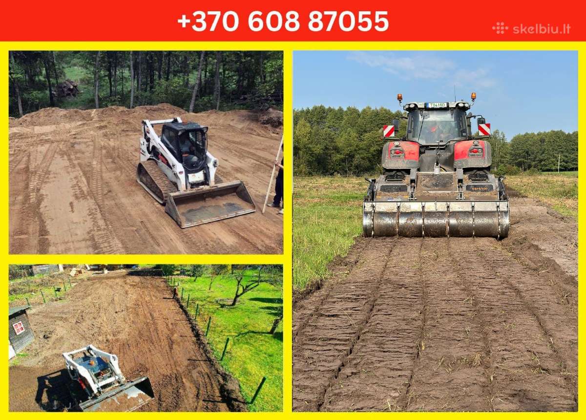 Freza, Bobcat, grėblys, greideris, apželdinimas