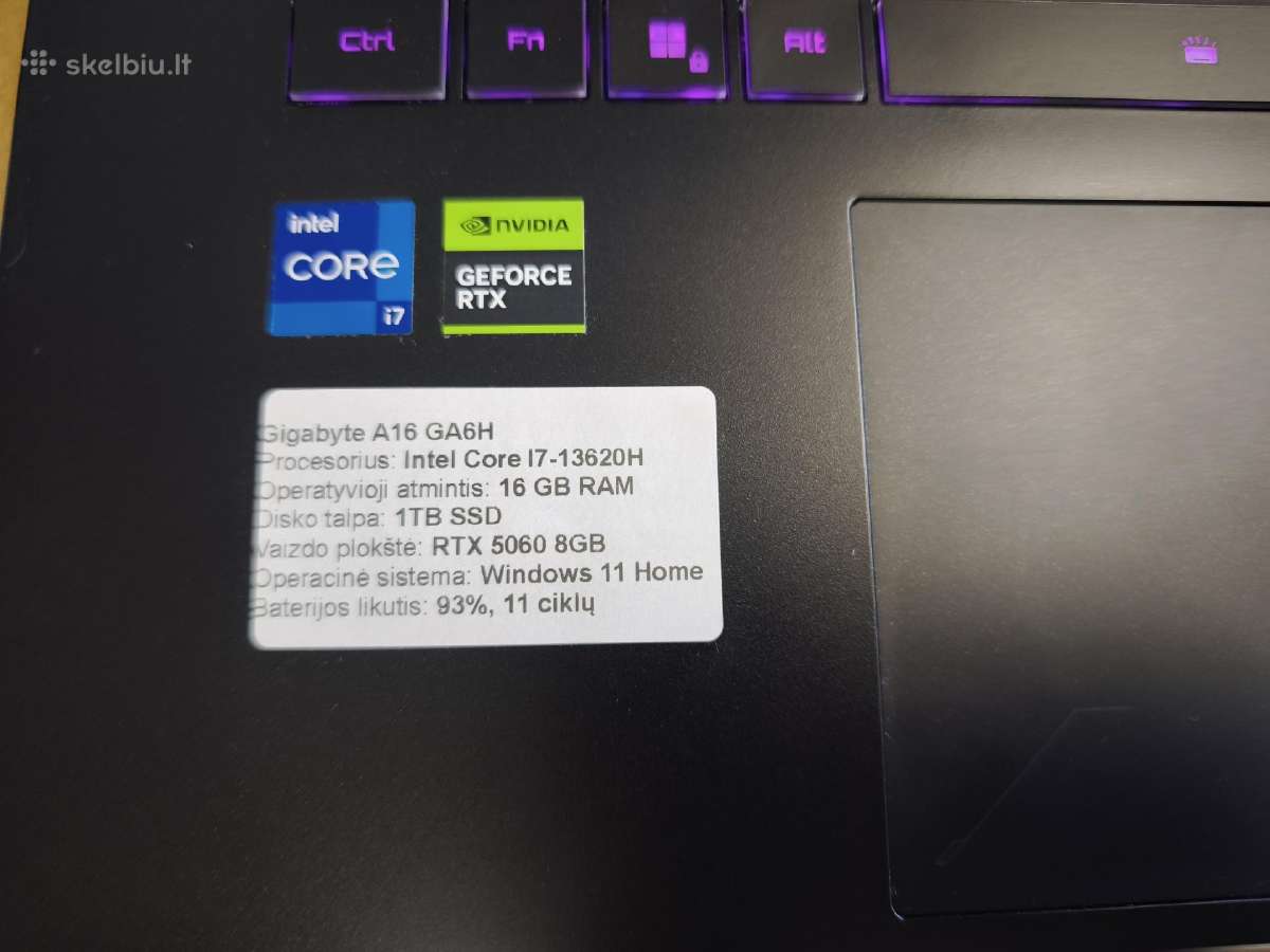 Gigabyte A16 Rtx5060 / Intel I7-13620h / 1tb SSD - nuotraukos Nr. 3