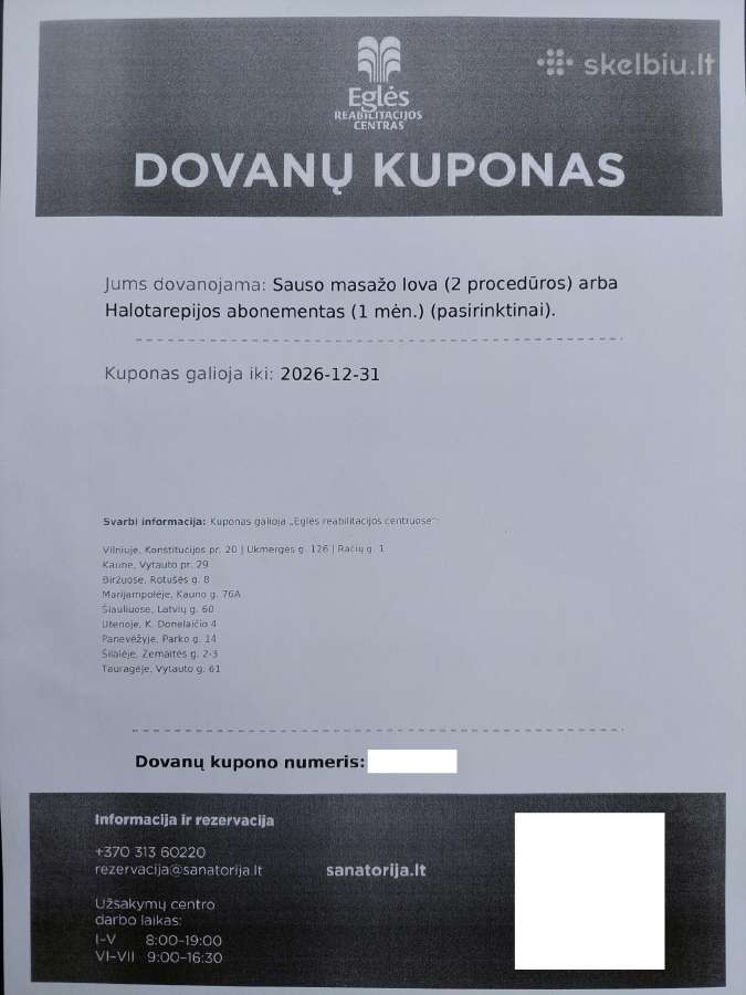 Sanatorijos "Eglė" kuponas (540e vertės)