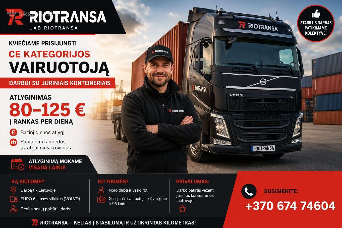 Ieškomi vairuotojai darbui su konteineriais po Lt