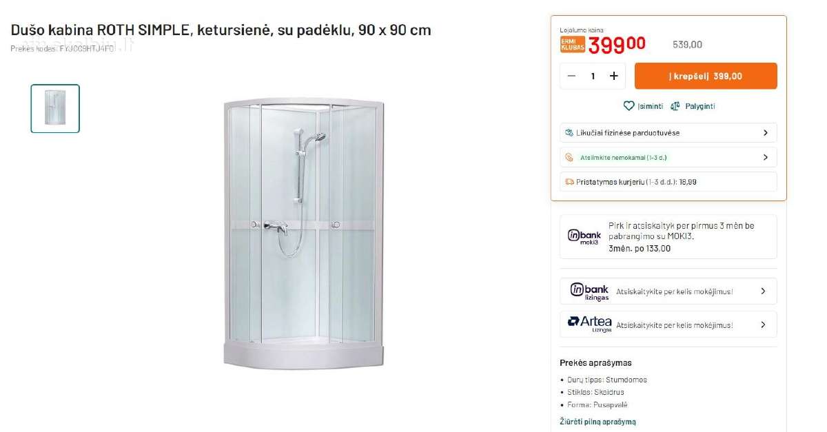 Dušo kabina Roth Simple, ketursienė, su padėklu. - nuotraukos Nr. 4