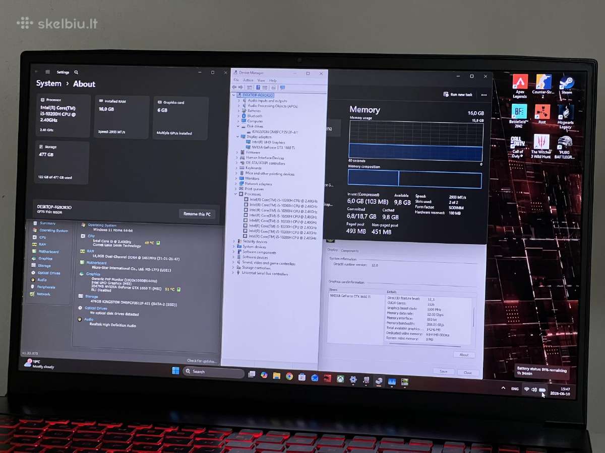 Parduodamas Msi Gf75 Thin su Gtx 1660ti, 144hz. - nuotraukos Nr. 8