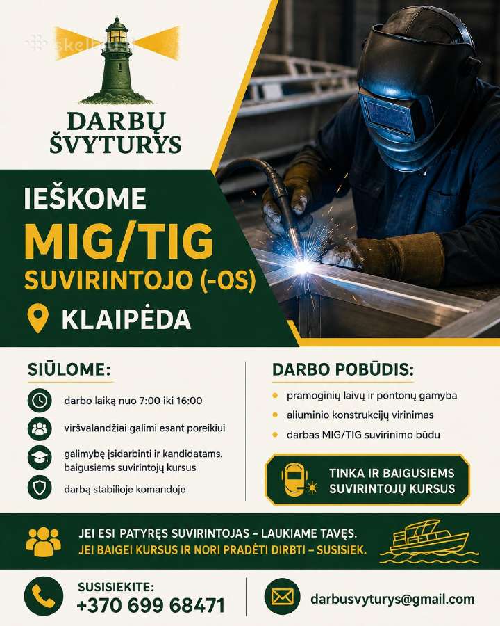 Mig/tig suvirintojo (-OS) Klaipėdoje