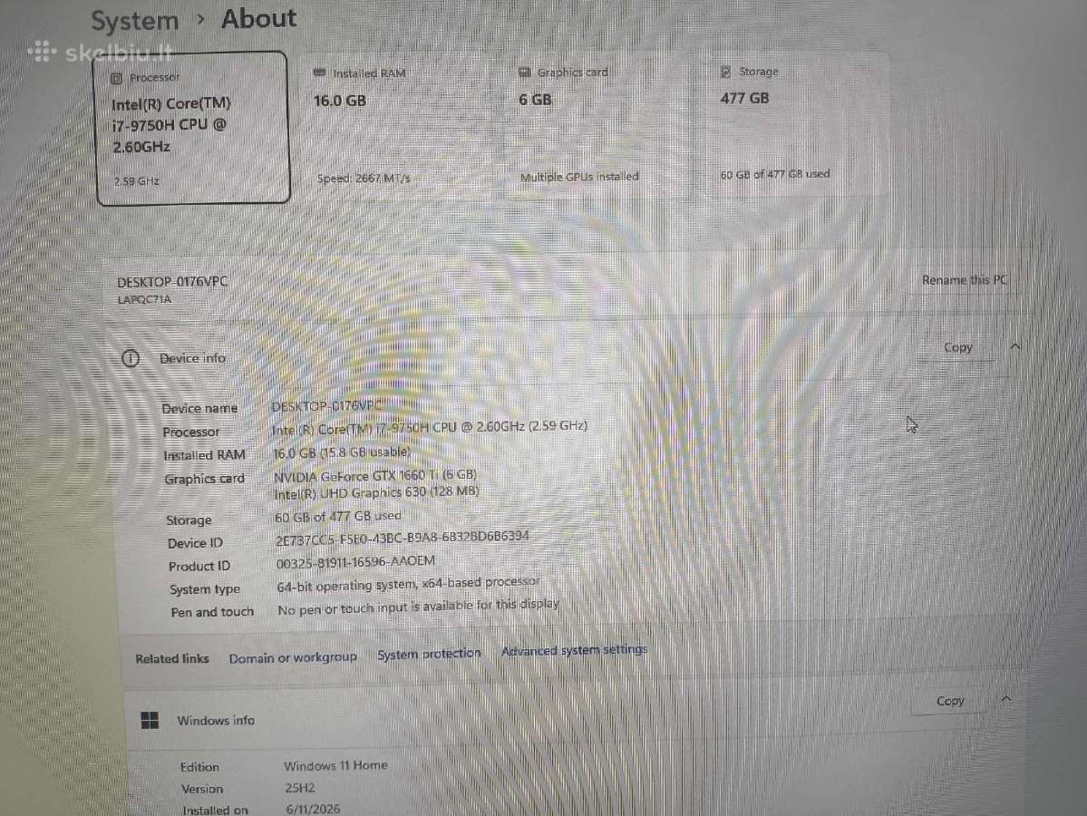 Intel gamming laptop 15.6 144hz 16+512 Gtx 1660 Ti - nuotraukos Nr. 5