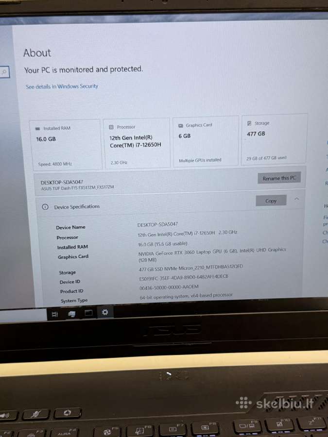 Asus Tuf Dash 15 i7-12650h/rtx3060/16 ddr5 - nuotraukos Nr. 6