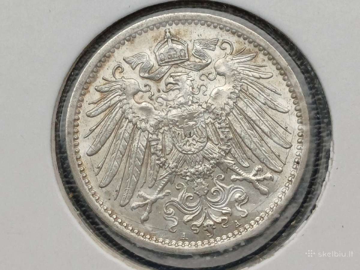 1 markė 1914m. Vokietija sidabras 900 - nuotraukos Nr. 2