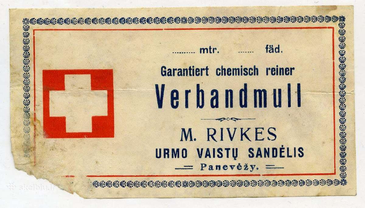 Etiketė vaistų sandėlis Panevėžys M. Rivke Judaika