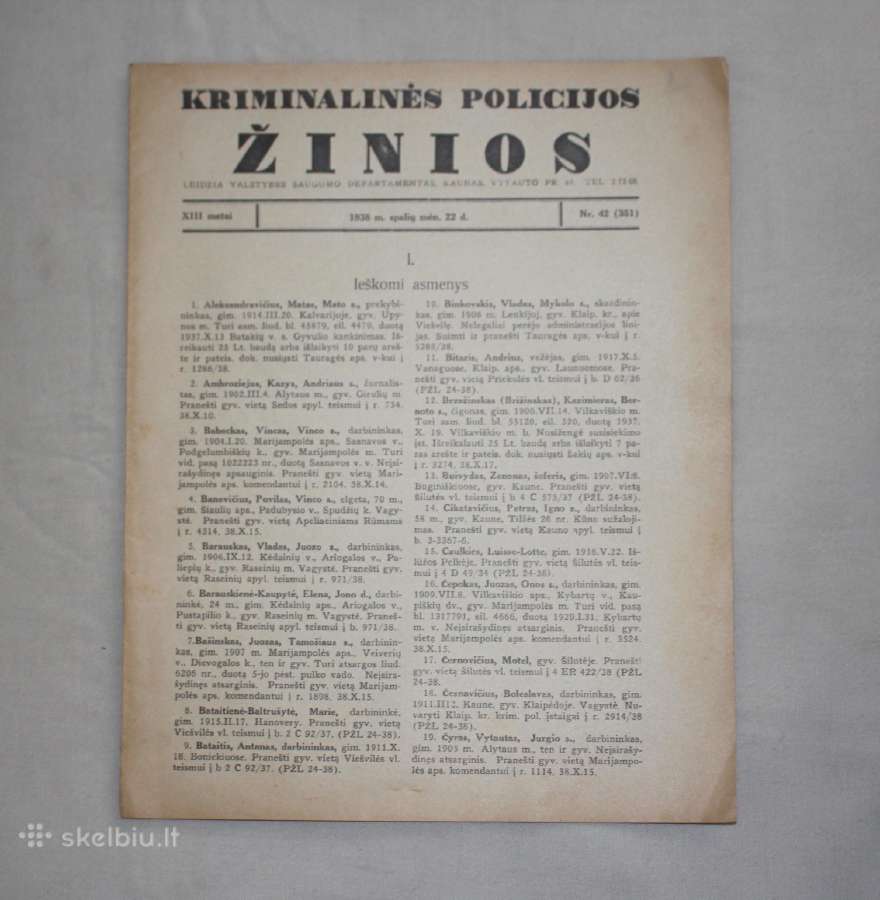 Kriminalinės policijos žinios 1938m. Vsd leidinys