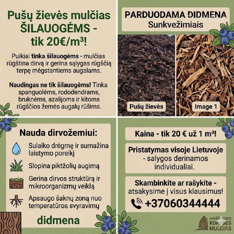 Pušų žievės mulčias Šilauogėms – tik 20€/m³!