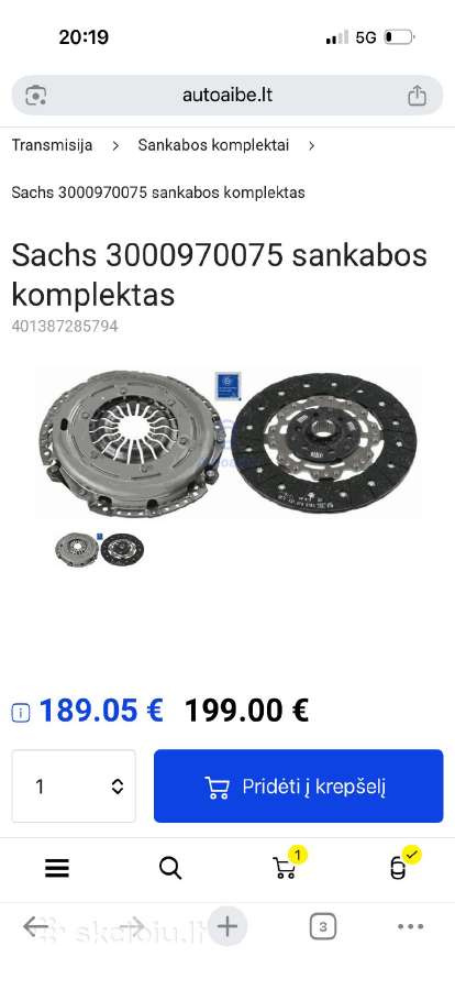 VW sankabos komplektas su guoliu Sachs