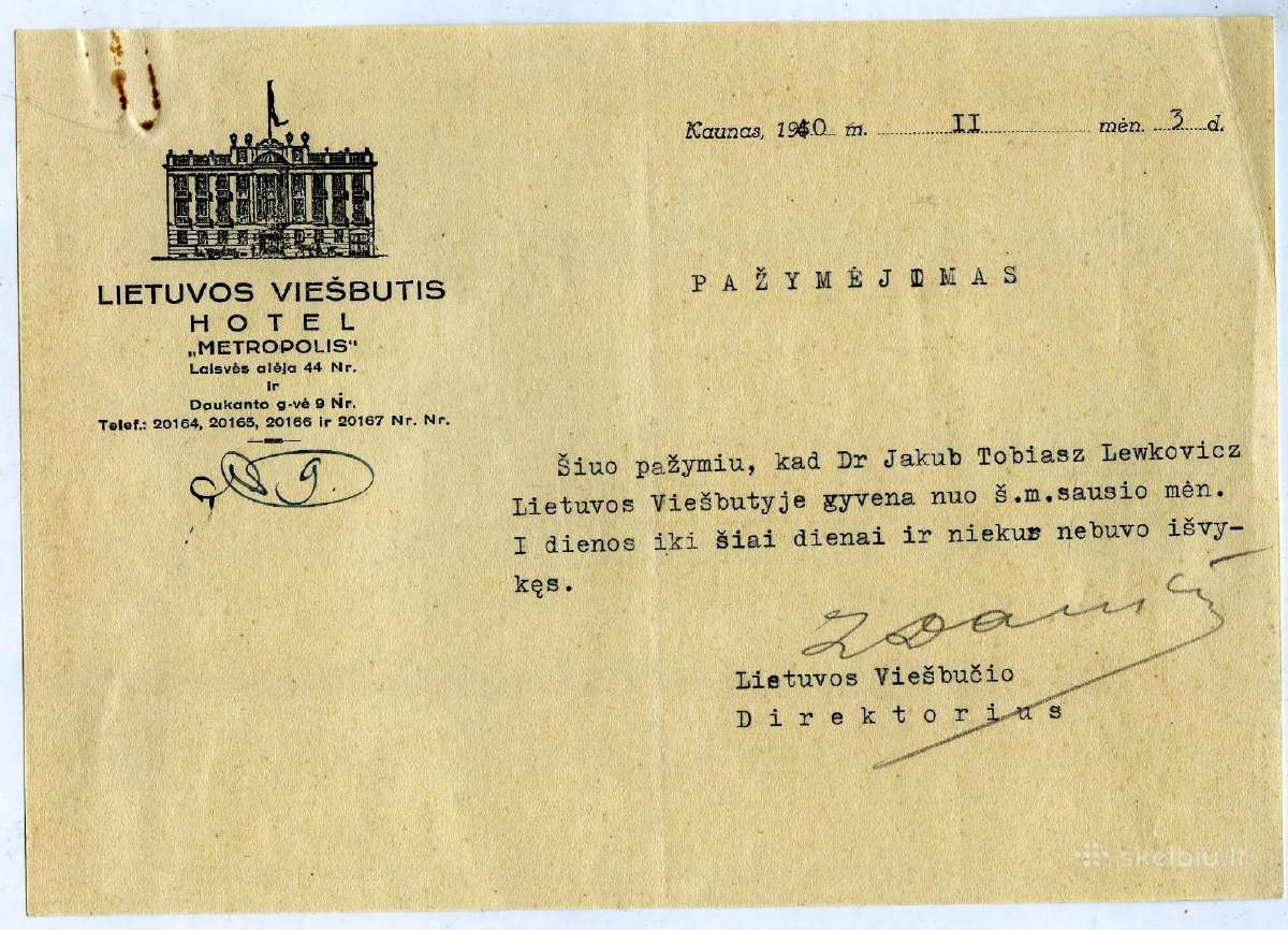 1940 Lietuvos viešbutis Metropolis Pažymėjimas