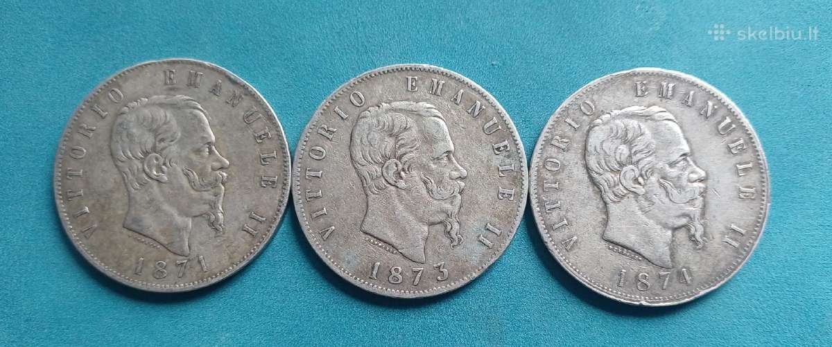 5 liros 1871, 73 ir 1874 m. Italija sidabras