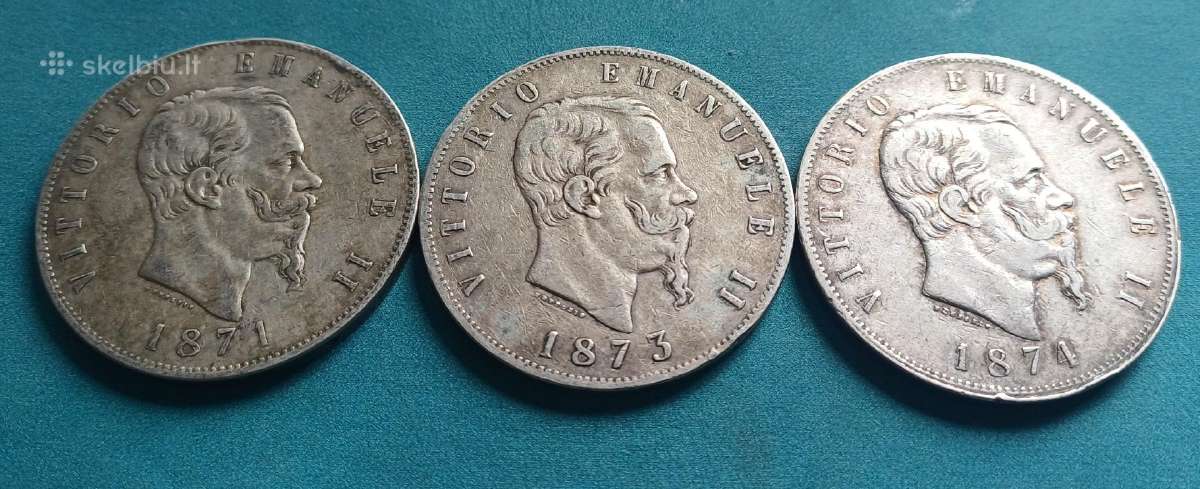 5 liros 1871, 73 ir 1874 m. Italija sidabras - nuotraukos Nr. 2