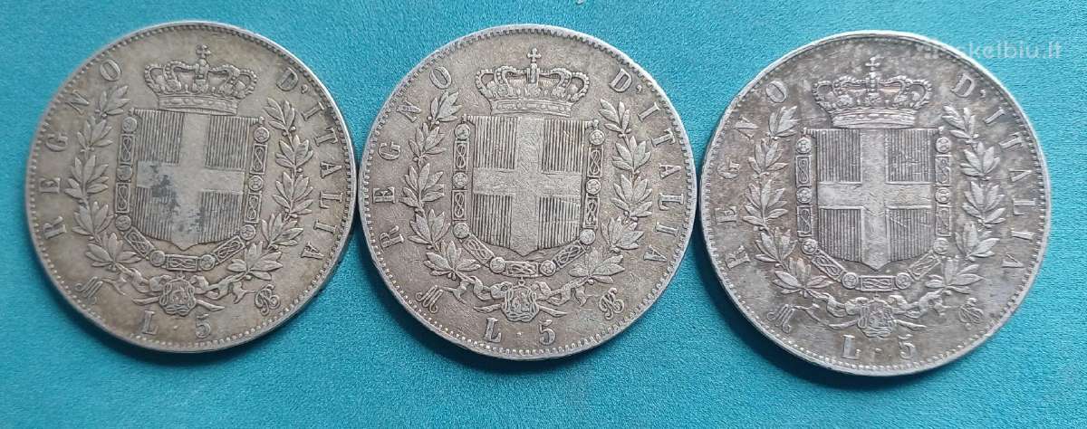 5 liros 1871, 73 ir 1874 m. Italija sidabras - nuotraukos Nr. 3