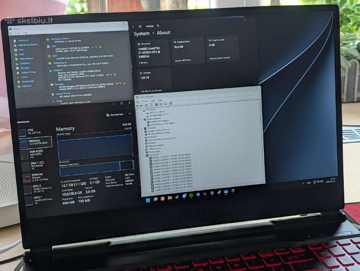 Msi Gl65 i7-10750h 120hz gtx 1660ti 16gb RAM - nuotraukos Nr. 3