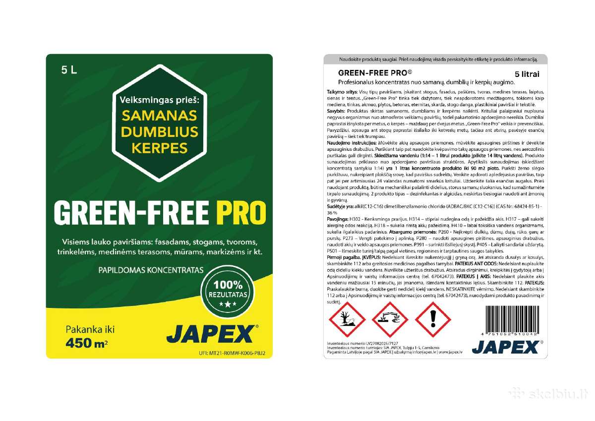 Green Free priemonė kuri naikina samanas, kerpes.