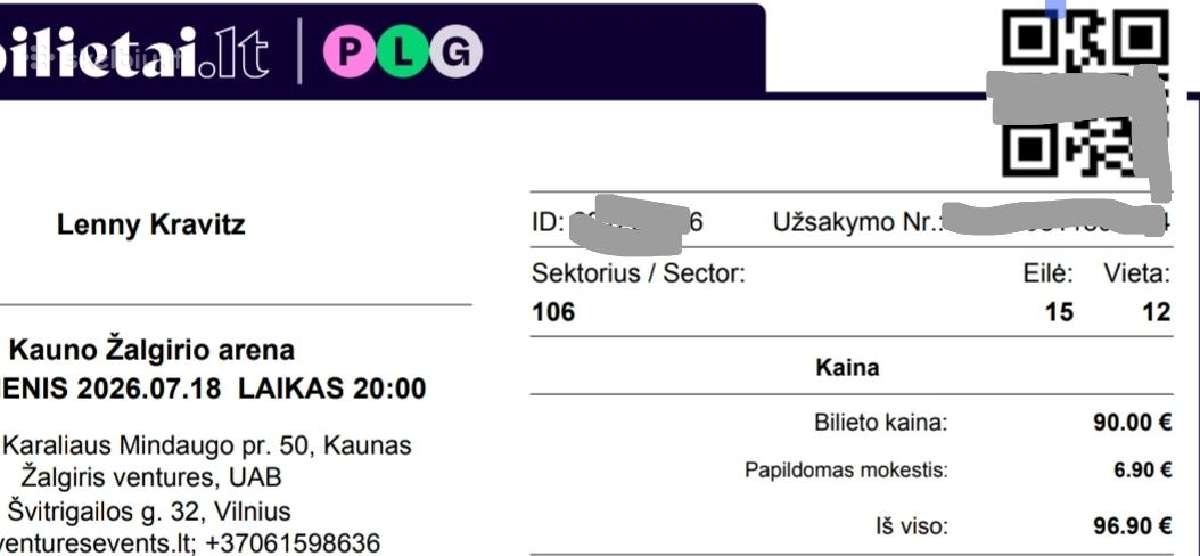 Parduodu du bilietus į Lenny Kravitz, 26.07.18