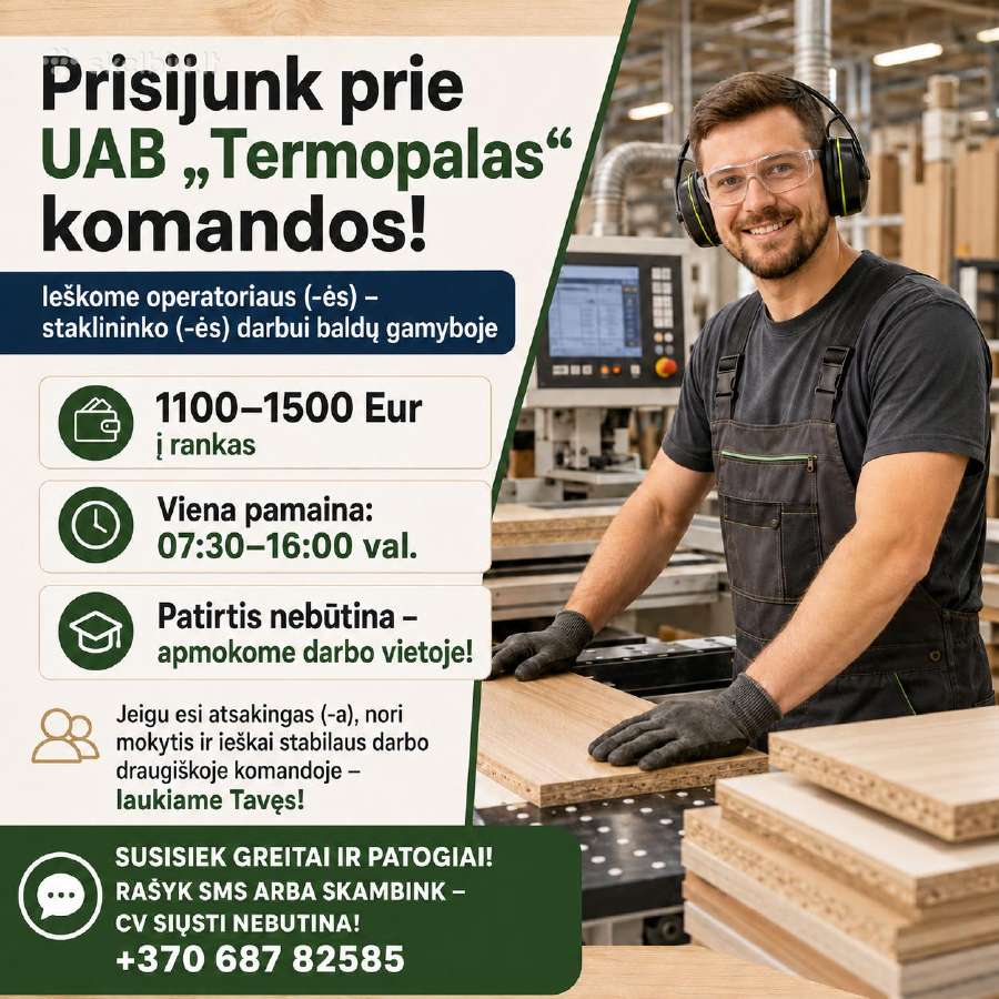 Ateik į baldų gamybos įmonę, gamybos skyrių!
