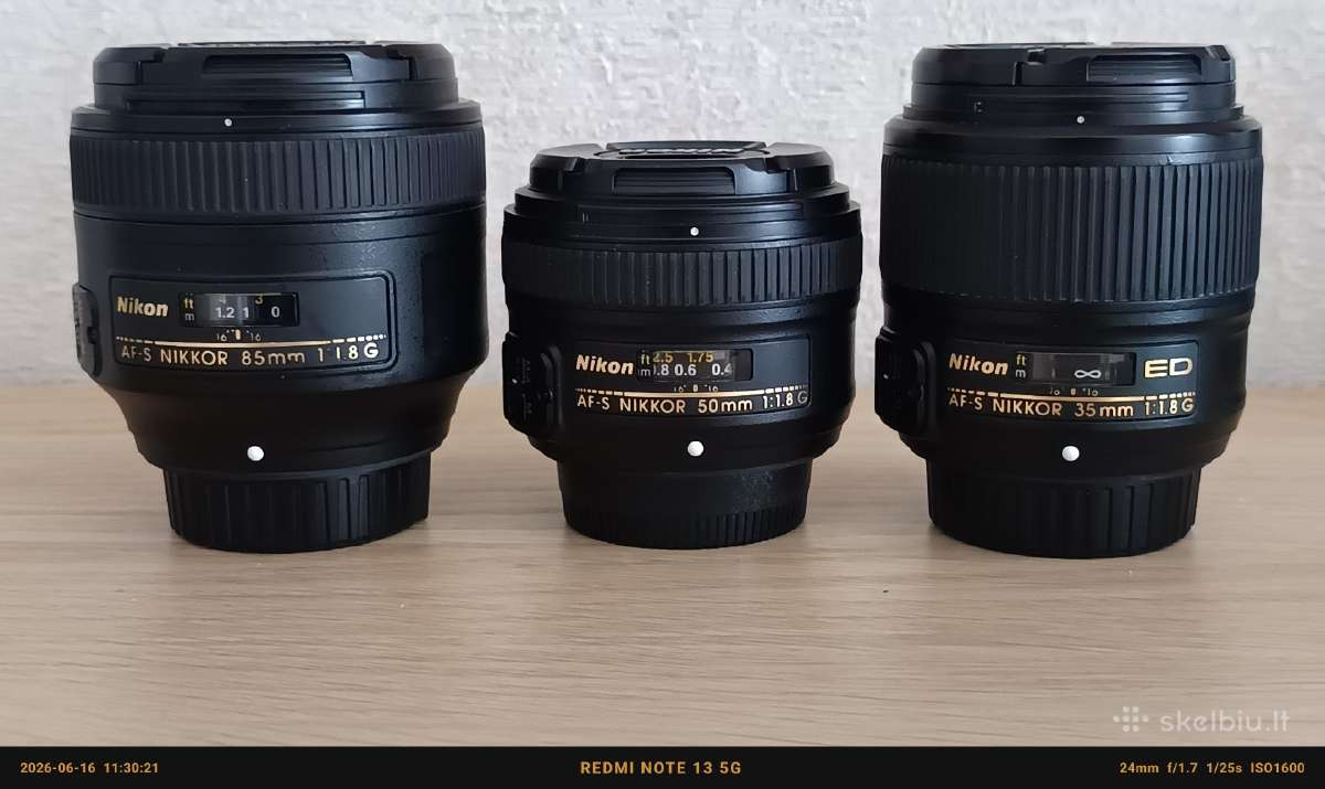 Nikon 35mm, 50mm, 85mm objektyvai, D300s kamera