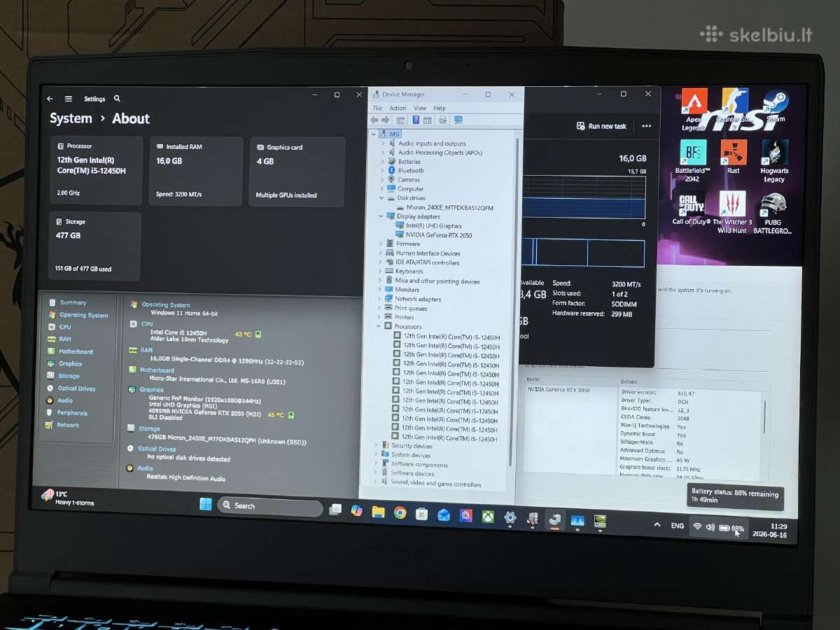 Parduodamas Msi Thin su Rtx 2050, I5-12k, 144hz. - nuotraukos Nr. 8