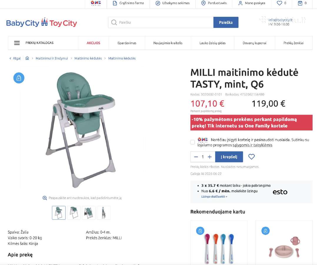 Nauja maitinimo kėdutė Milli Tasty Q6,mint spalvos - nuotraukos Nr. 2