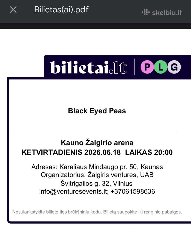 Parduodu sedimus bilietus i Black Eyed Peas 77eur