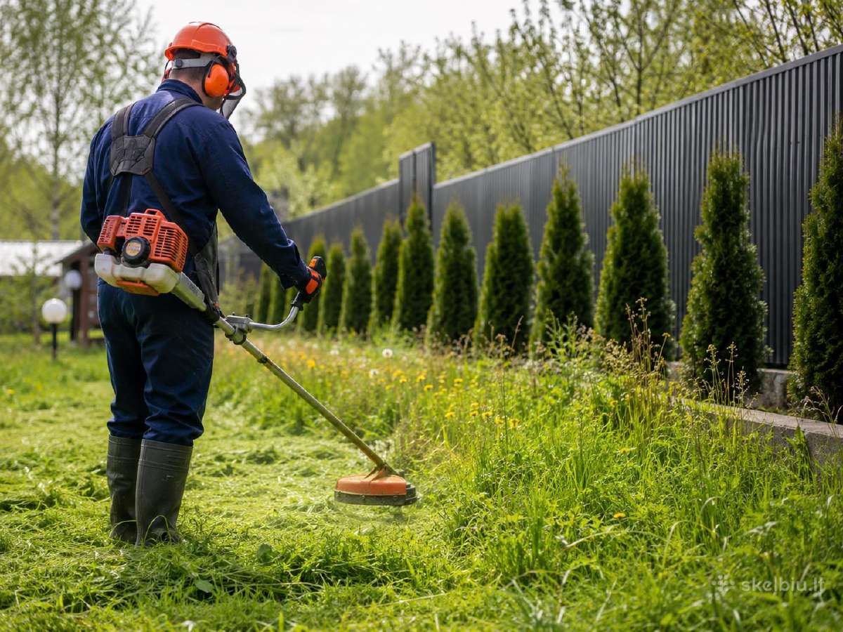 Reikalingas žmogus žolei pjauti su trimeriu.