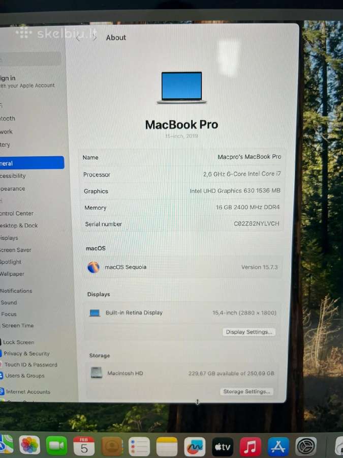 MacBook Pro 15 TB 2019 6-core Intel i7 16gb/256gb - nuotraukos Nr. 3