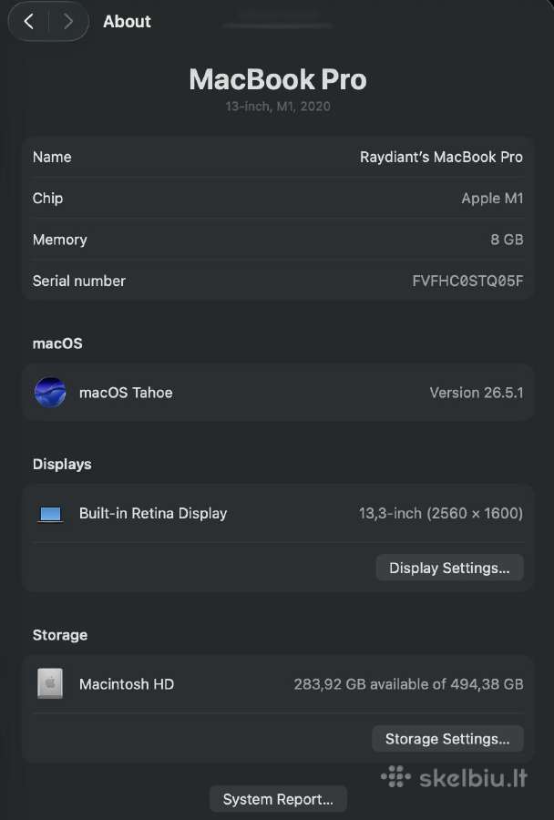 MacBook Pro 13" (M1, 2020) 8gb RAM 512gb SSD - nuotraukos Nr. 10