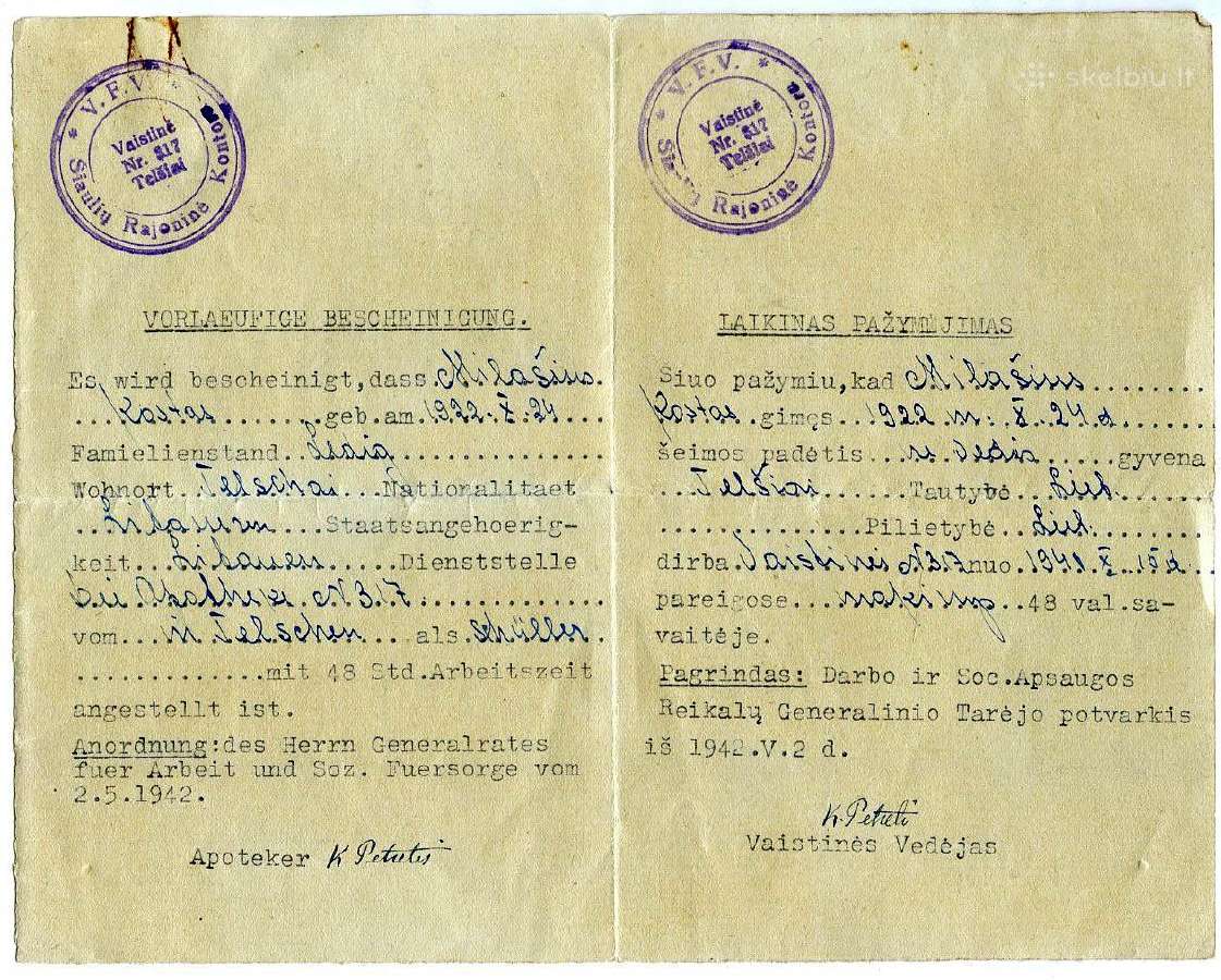 Retas 1942 m. vaistininko pažymėjimas Telšiai