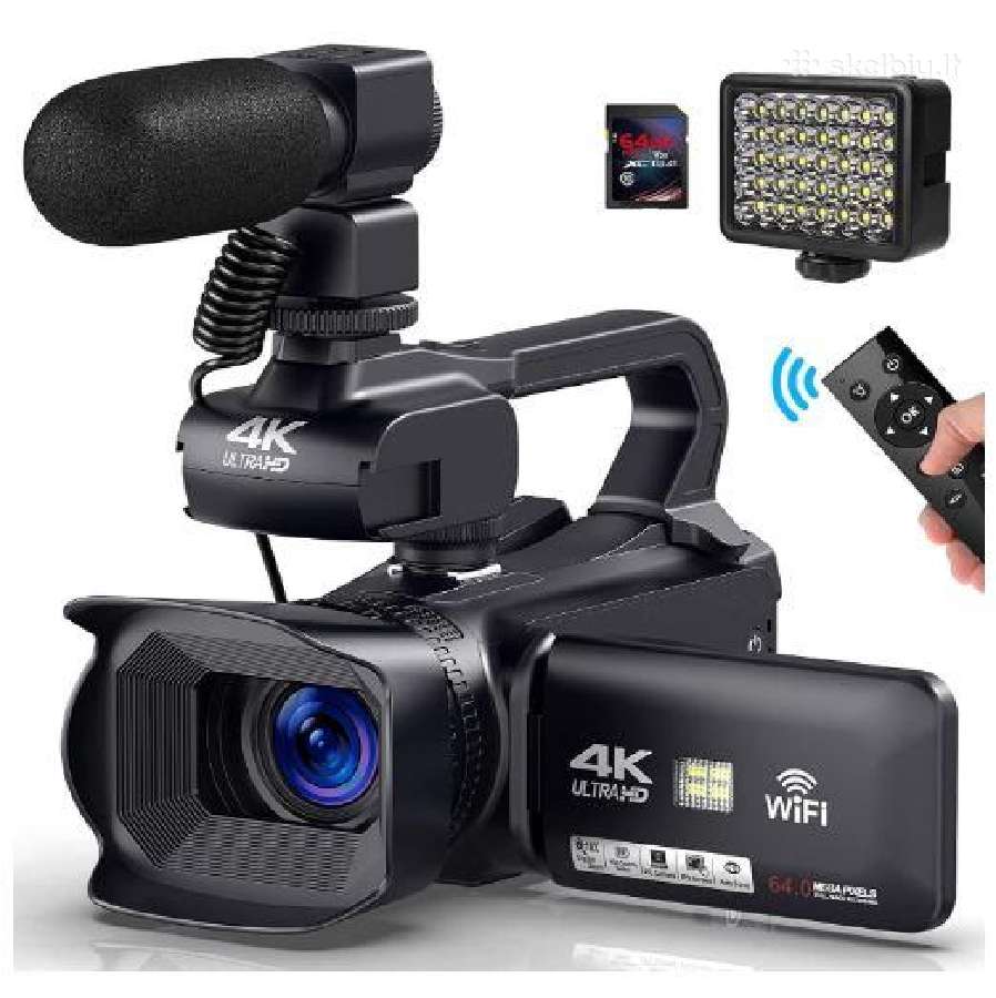 4k vaizdo kamera su WiFi, išoriniu mikrofonu ir Le