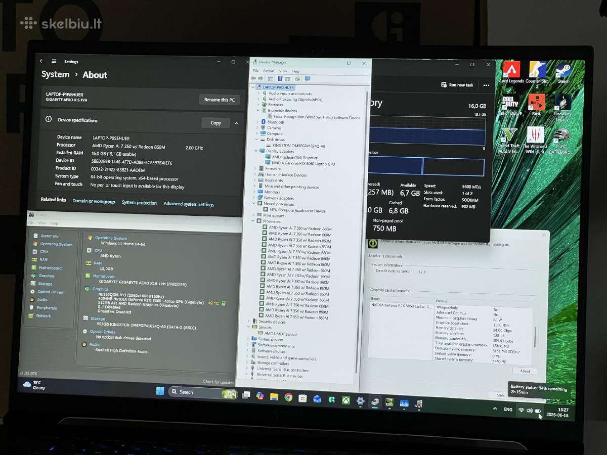 Parduodamas Aero X16 su Rtx 5060, Ryzen 7 Ai, 2k. - nuotraukos Nr. 8
