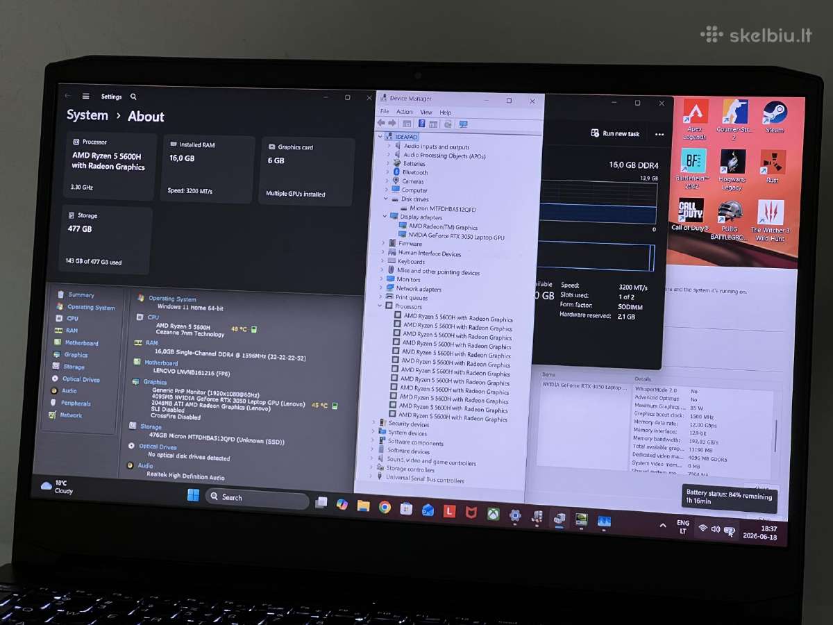 Parduodamas Ideapad Gaming su Rtx 3050, Ryzen 5. - nuotraukos Nr. 8