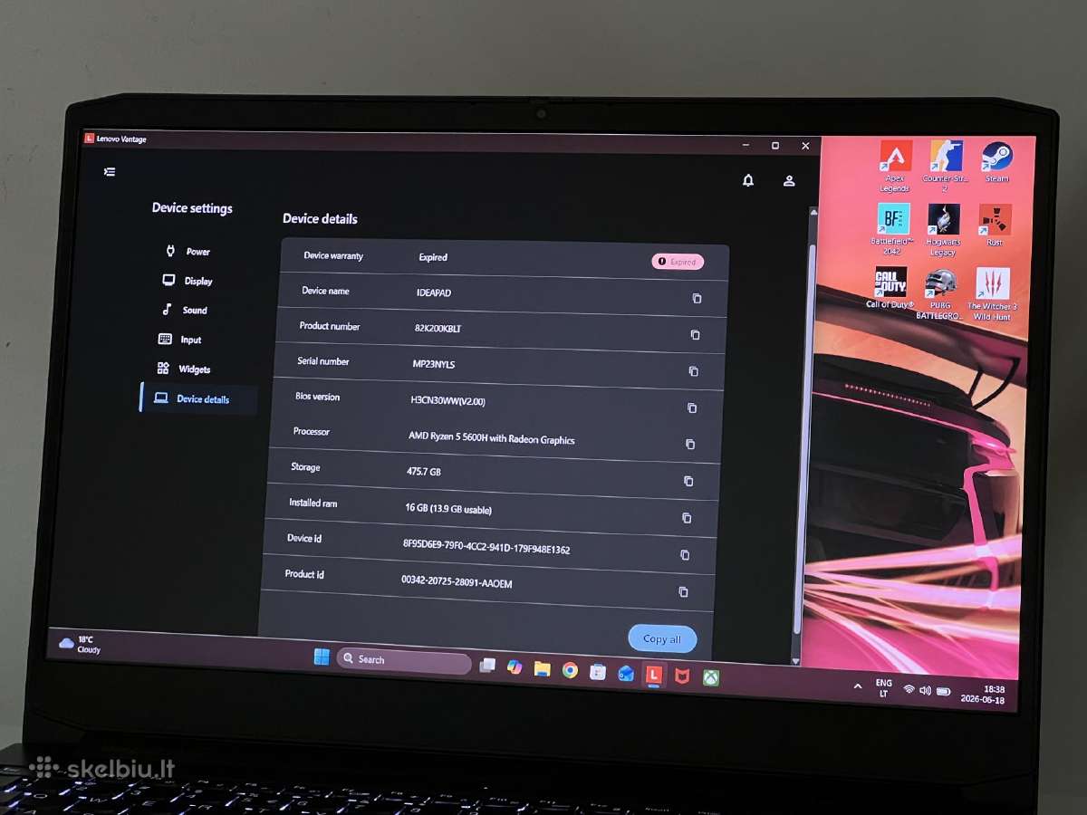 Parduodamas Ideapad Gaming su Rtx 3050, Ryzen 5. - nuotraukos Nr. 9