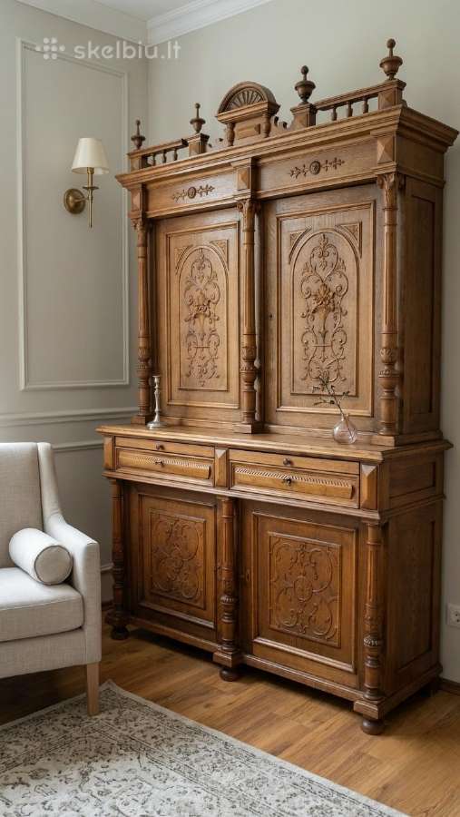 Antikvarinis ąžuolinis bufetas indauja spinta